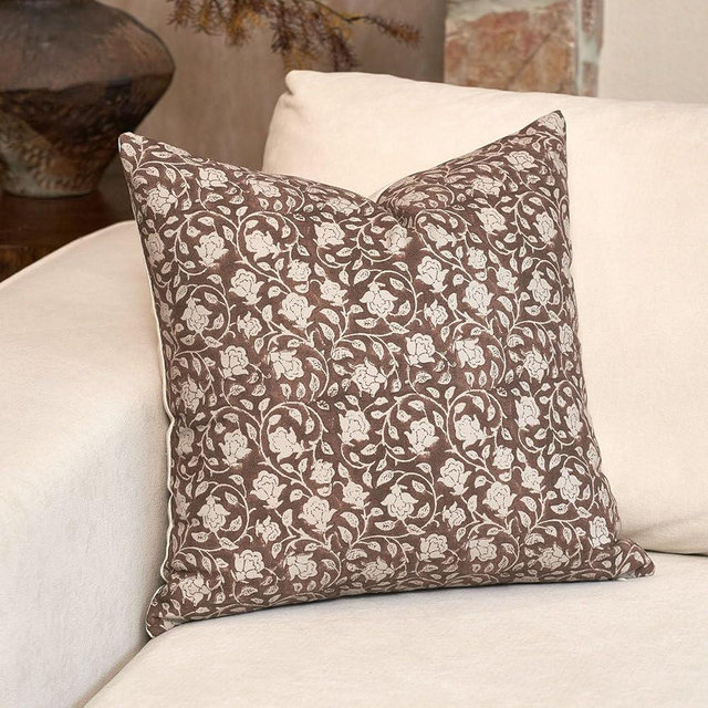 DOMVITUS Floral Pillow Covers 18x18, Throw Pillows for Couch, Block Print Pillow Cover, Decorative Neutral Accent Throw Pillow Covers for Living Room, 1PC, Brown