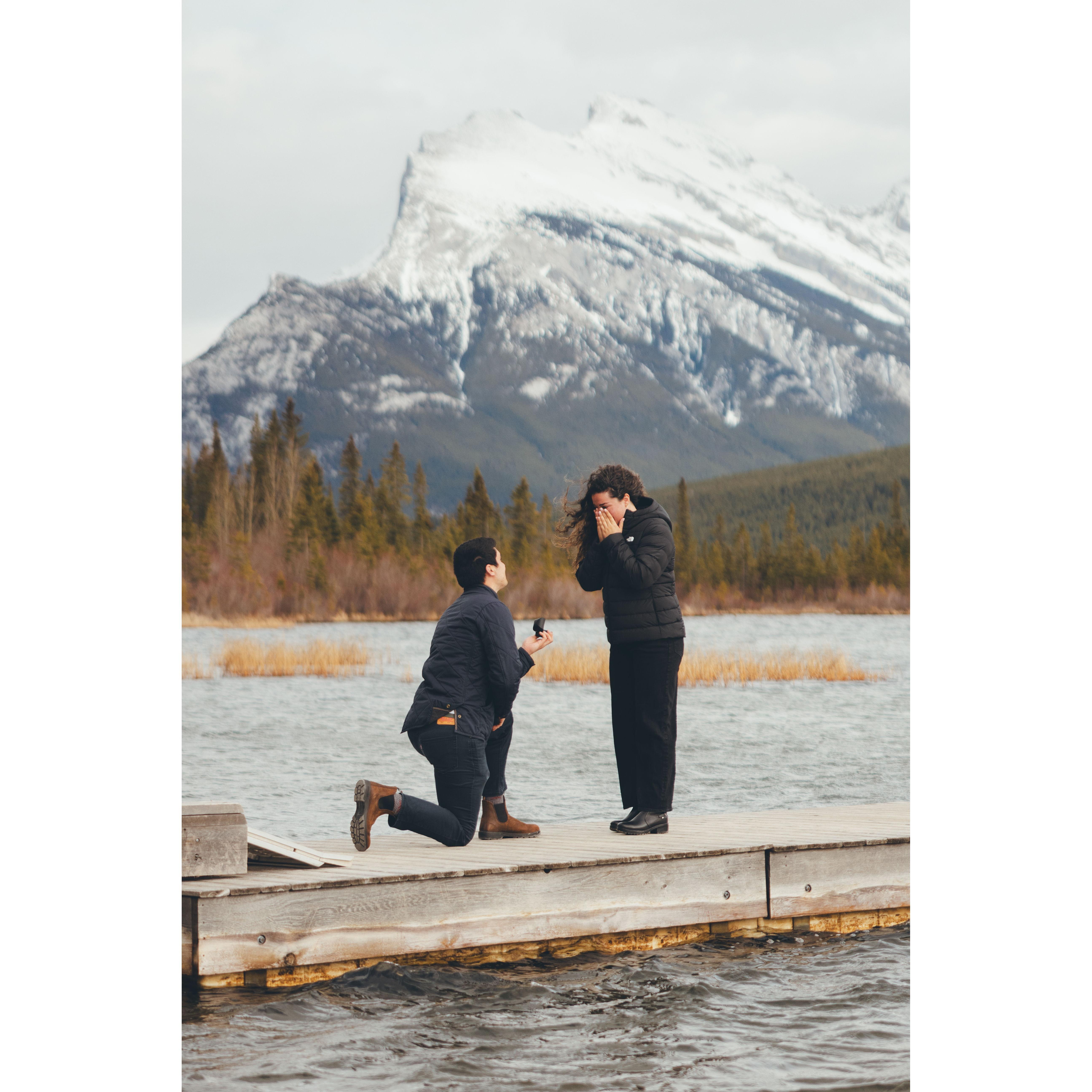 We got engaged on our trip to Banff, Canada in April! John proposed on lake Vermillion. He hired a photographer to hide and capture our joy in this special moment.