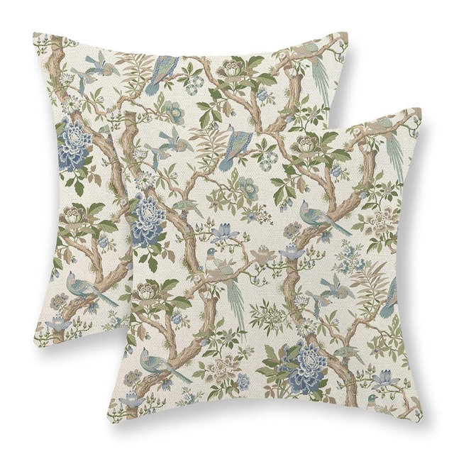 Blue Green Floral Bird Pillow Covers 24x24 Set of 2 Chinoiserie Throw Pillows Green Vintage Flowers Bird Decorative Pillow Cases Outdoor Chinoiserie Decor Farmhouse Cushion Case for Couch Sofa