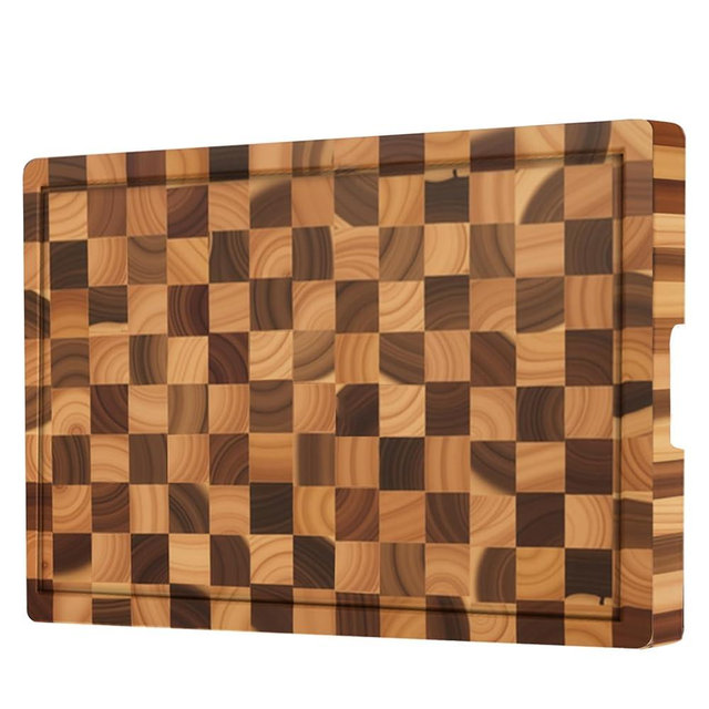 Acacia Wood Cutting Boards for Kitchen, Checkered Chopping Board with Juice Grooves & Handles, Large Butcher Block Serving Tray with Non‑Slip Feet, 17" x 11.8" x 1.5"