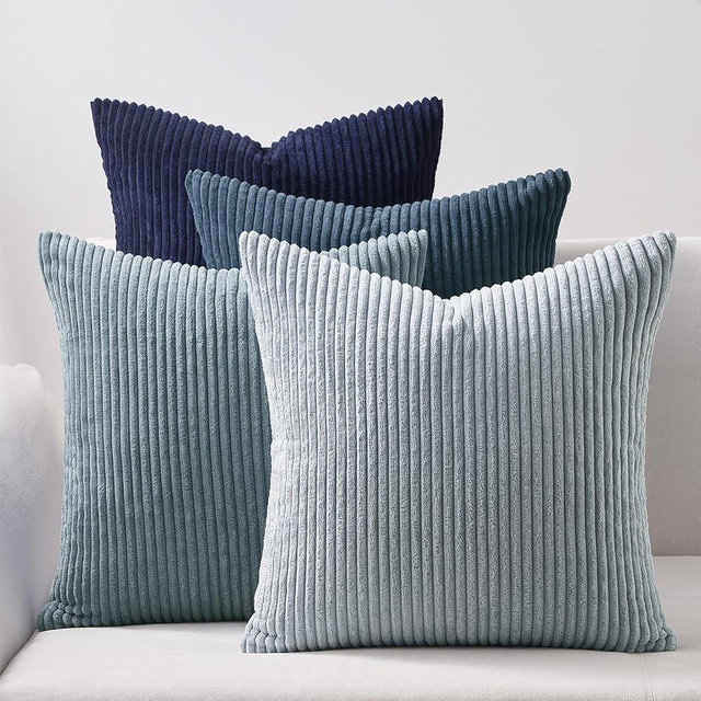 Topfinel Decorative Throw Pillow Covers Dusty Blue Navy Series 16x16 Inch Set of 4,Summer Corduroy Striped Toss Pillows for Couch,Patio,Balcony,Children Bedroom,Modern Fluffy Blue Gradient Shams