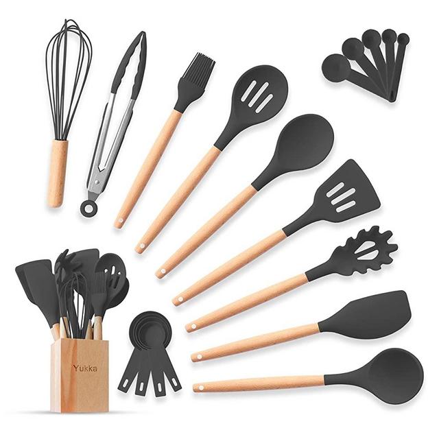 Silicone Cooking Utensils Kitchen Utensils Set 20pcs Natural Bamboo Handles Non-Stick BPA-Free Non-Scratch Cookware W/Wooden Holder Spatula Measuring Cups & Spoons Set Kitchen Gadget (Black Gray)