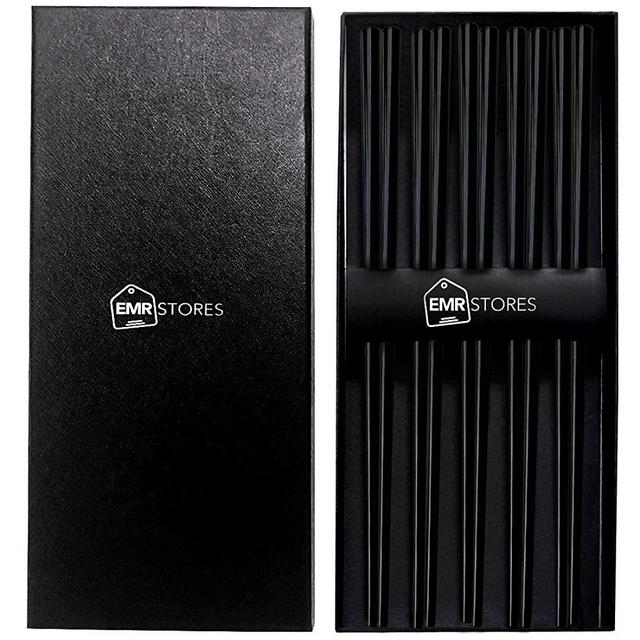 EMRSTORES Stainless Steel Chopsticks - Black Reusable Chopsticks - 5 Pairs Dishwasher Safe Metal Chopsticks - Easy to Use - Square Lightweight Chop Sticks - Gift Set