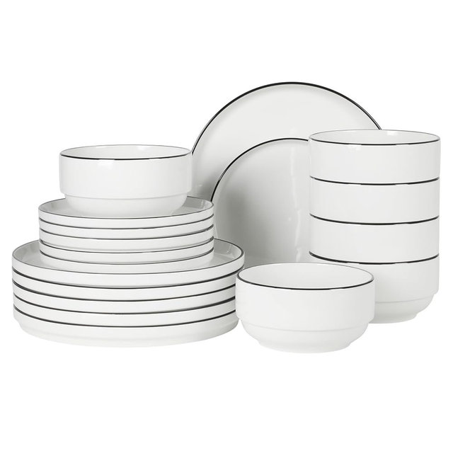 Gibson Home Rothernberg Plates and Bowls 18 Piece Porcelain White Dinnerware Set W/Black Rim | Stackable Dishes | Microwave & Dishwasher Safe