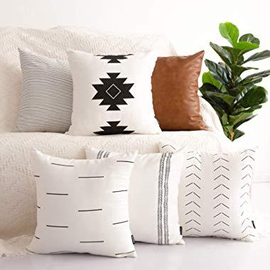 CDWERD Boho Throw Pillow Covers 18x18 Inch Set of 4 Boho Modern Farmhouse  Neutral Decorative Pillowcases Faux Leather and Linen Cushion Case for