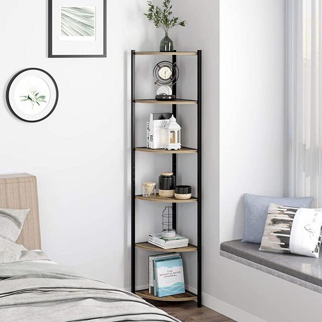 HOMECHO 6 Tier Corner Shelf, Industrial Corner Bookcase Small Display Rack, 65.4 inch Tall Storage Shelf Stand, Multipurpose Shelving Unit for Home Office, Rustic Brown
