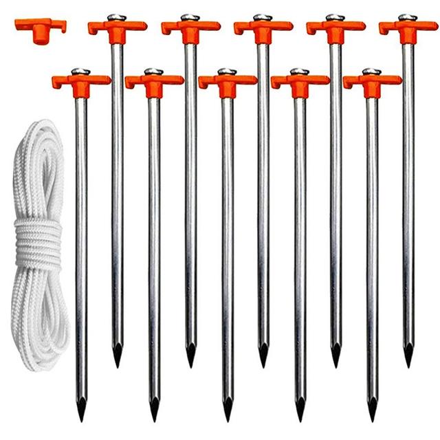 Eurmax Galvanized Non-Rust Outdoor Camping Family Tent Pop Up Canopy Stakes 10pc-Pack, Bonus 4x10ft Ropes & 1 Orange Stopper
