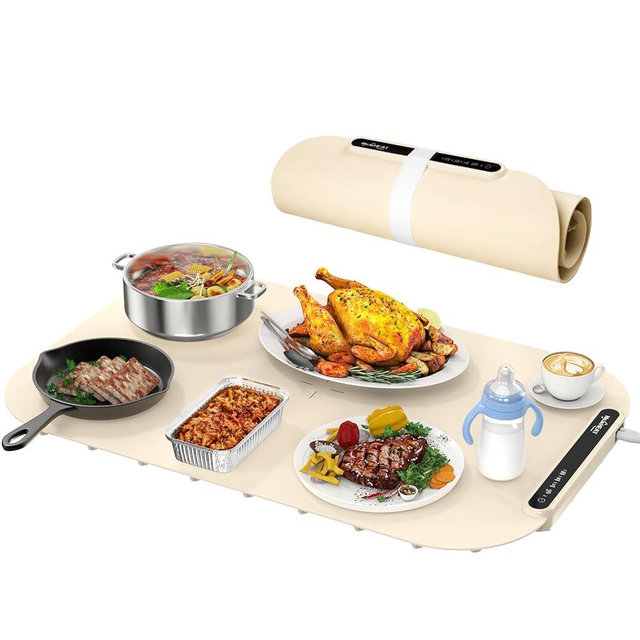 Warming Mat for Food - Electric Warming Tray Adjustable Temp with 3H Auto Shut-Off, Raised Design Protects Countertop, Portable Silicone Warmer for Parties, Buffets, Family Gatherings
