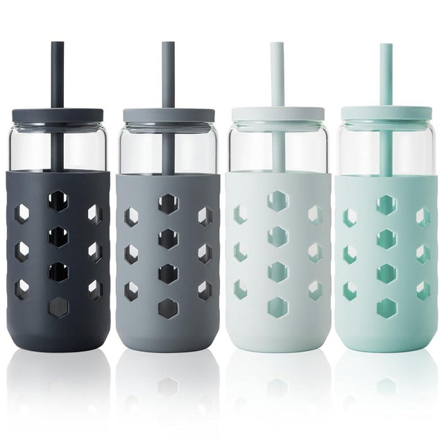 Mrsdry Glass Cups with Lids and Straws (4 Pcs), 20oz Drinking Glasses Set with Silicone Sleeves for Coffee Bar Accessories Iced Coffee Cups with Lids, Glass Tumbler Reusable for Gifts