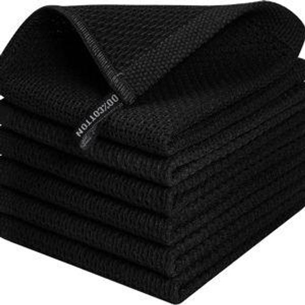 Kitinjoy 100% Cotton Kitchen Dish Cloths, 6 Pack Waffle Weave Dish Towels Ultra Soft Absorbent Quick Drying Dish Rags, 12 X 12 Inches, Black