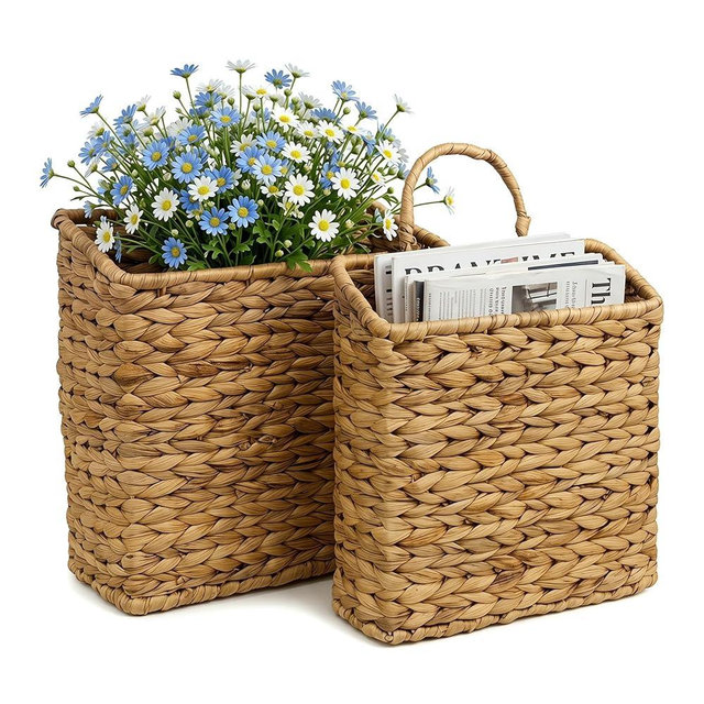 Wicker Front Door Baskets, Water Hyacinth Hanging Organizer, Decorative Wall Baskets for the Living Room, Bedroom, Entryway, Kitchen, Office, and Cafés, Set of 2