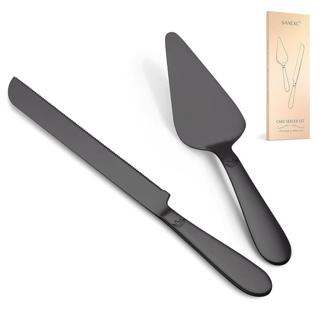 Cake Cutting Set for Wedding - Extended Cake Knife and Server Set Thickened Stainless Steel 13.0" Cake Cutter 10.49" Pie Spatula Great for Birthday Anniversary Christmas Gift 2 Pcs Matte Black