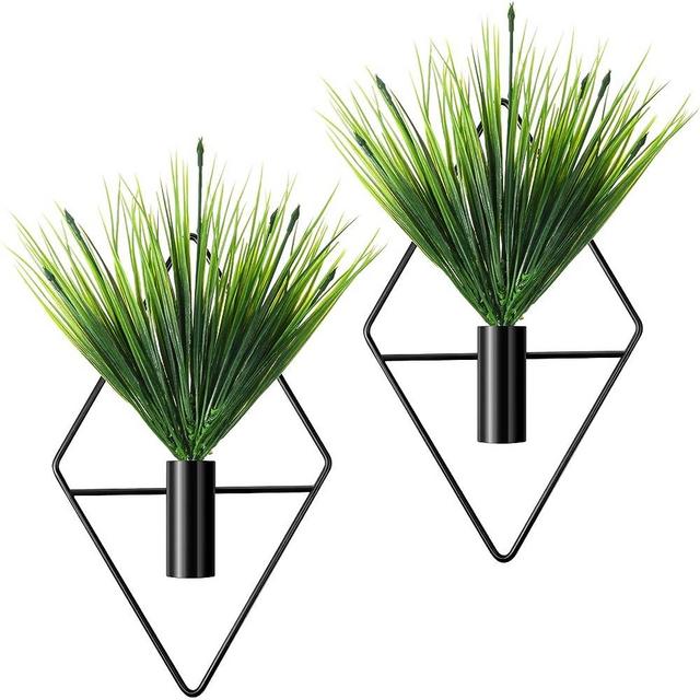 Canlierr 2 Pieces Diamond Shape Hanging Planters with Artificial Aquatic Plants Metal Hanging Vase Indoor Plants Holder Modern Geometric Wall Decor for Home Living Room Office (Black, Aquatic Plant)