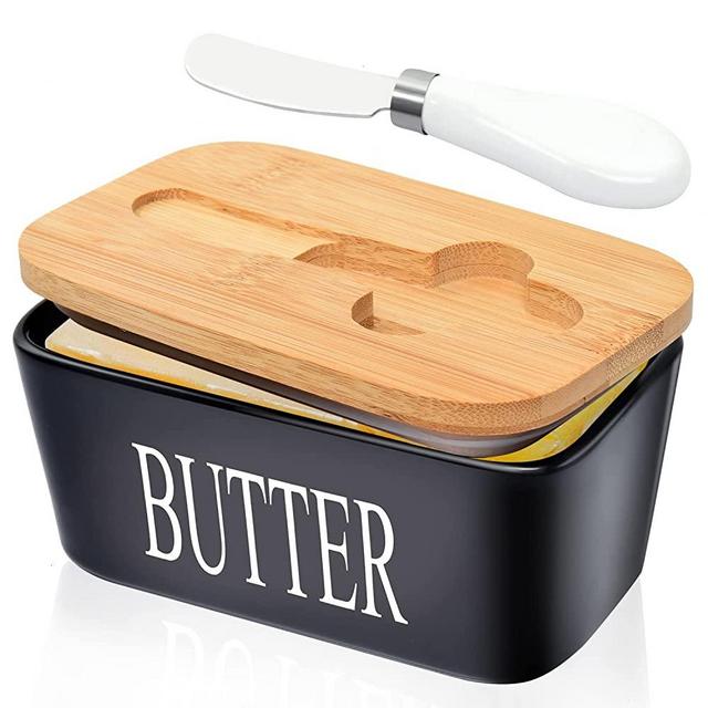 Gonioa Black Ceramic Butter Dish with Lid for Countertop 650 ml, Large Airtight Butter Container Covered Butter Dish for Countertop or Fridge, Farmhouse Butter Keeper with Bamboo Lid & Butter Knife
