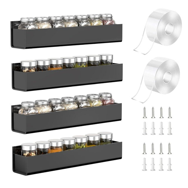 PMMASTO Adhesive Acrylic Spice Rack Organizer for Wall with Nano Double Sided Tape, Spice Shelf Organization for Kitchen Cabinet Door/Pantry Door, Wall Mount Seasoning Rack (Black - 4 Pack)