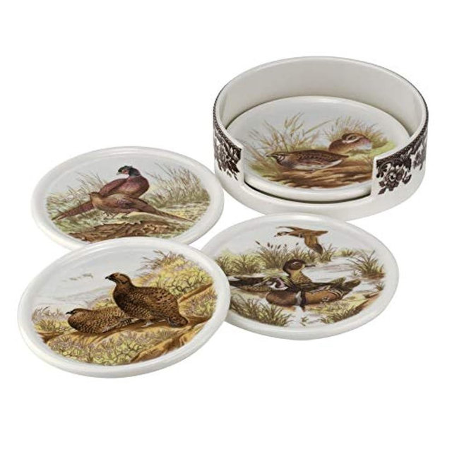 Spode Woodland Round Coasters with Holder | Set of 4 Ceramic Coasters with Assorted Bird Motifs | Microwave, Dishwasher, and Freezer Safe | Drink Coasters for Tabletop Protection