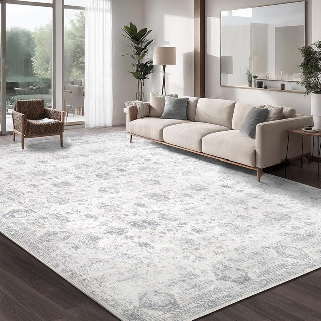 Dotiiorug Washable 9×12 Area Rugs for Living Room, Vintage Floral Rug Soft Non Slip Stain Resistant Boho Carpet for Bedroom Dinning Room Kitchen Home Office Grey