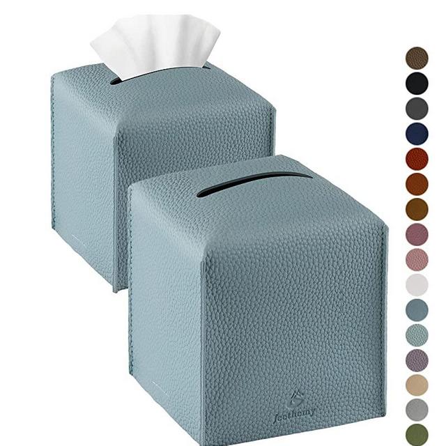 Tissue Box Cover, Jeethemy Square PU Leather Tissue Box Holder, Modern Tissue Case Facial Paper Organizer Dispenser，5X5X5'',Double Blue