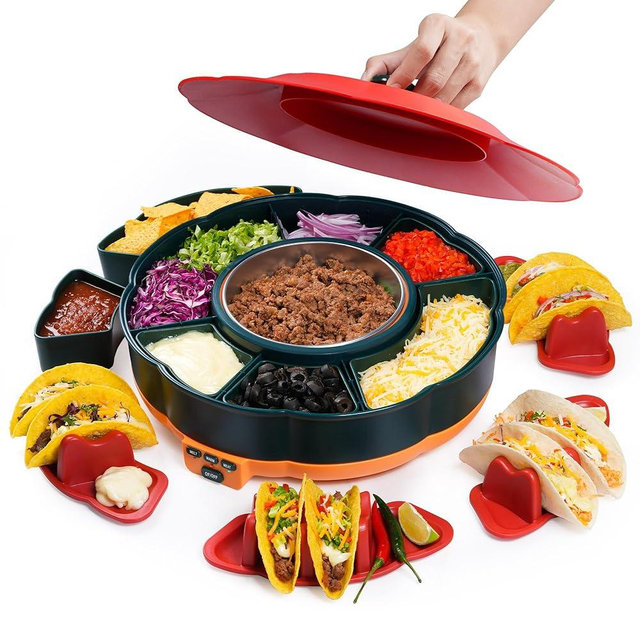 Taco Tuesday Kit - Taco Bar Serving Set for a Party with 33oz Heated Pot, 4 Taco Holders, Detachable Lazy Susan Tray, Perfect for Parties, Nachos Taco Night Fiesta Unique Couple & Housewarming Gift