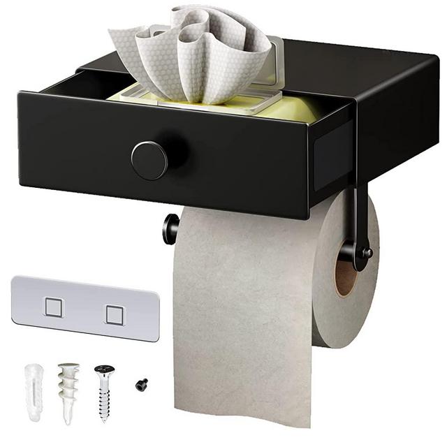 SOFINNY Toilet Paper Holder with Shelf Black Wipes Dispenser Adhesive Toilet Paper Holder with Storage Upgrade Drawer Design Toilet Tissue Holder Small Bathroom Shelf Wall Mount