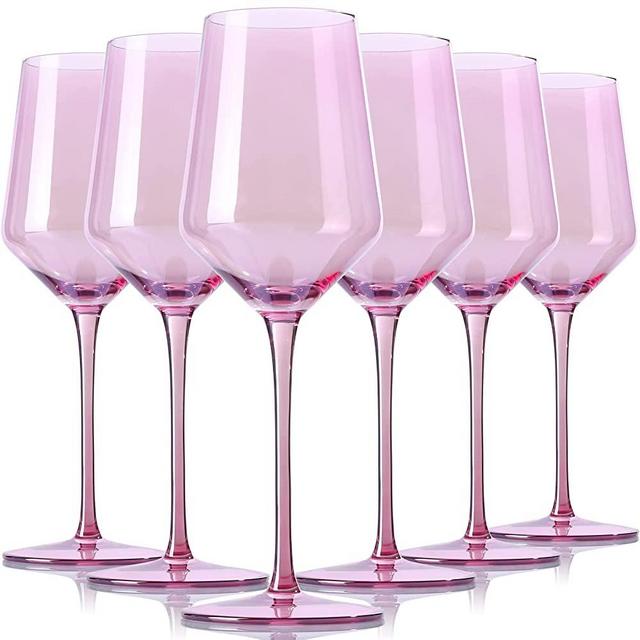 Physkoa Pink Wine Glasses Set Of 6 - Crystal Colorful Wine Glasses With Long Stem and Thin Rim,Perfect Colored Wine Stemware for Wine Lover in Christmas,Thanksgiving,15oz(Pink)