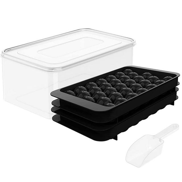 Round Ice Cube Tray with Lid Ice Ball Maker Mold for Freezer with Container Mini Circle Ice Cube Tray Making 66PCS Sphere Ice Chilling Cocktail Whiskey Tea Coffee(2 Black Trays 1 ice Bucket & Scoop)