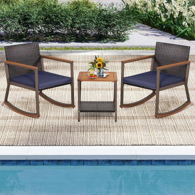 Costway 3 PCS Patio Rattan Rocking Chair Bistro Set Armrest Cushion Table with Storage Shelf Navy