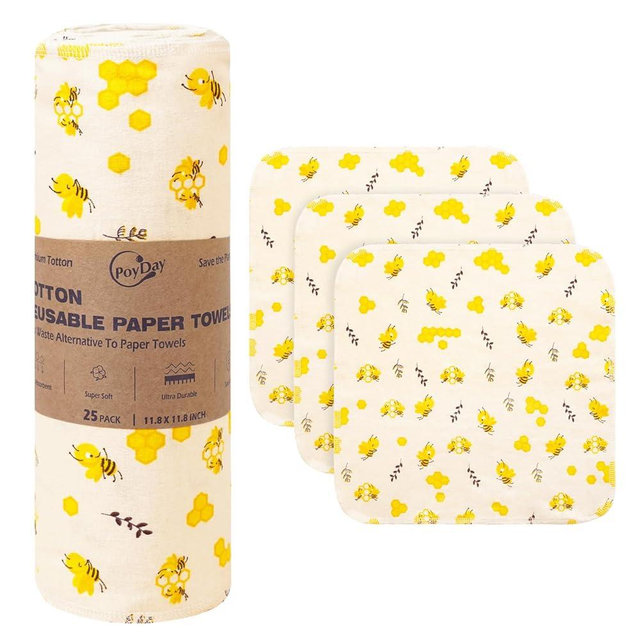 Poyday Paper Towels Washable Roll: 25Pack Cotton Cloth Paper Towels 11.8x11.8In Absorbent Soft Flannel Paperless Towels Alternative for Kitchen Reusable Napkins Zero Waste (Bee, Large)