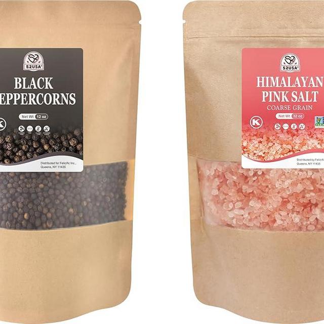 52USA Whole Black Peppercorns 12 oz + Himalayan Pink Salt (Coarse Grain) 2 lb - Salt and Pepper Grinder, Black Peppercorn Refil, Pink Himalayan Sea Salt, 2 Piece Set
