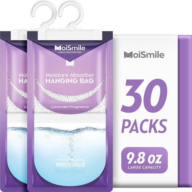 Moisture Absorbers 30 Pack Lavender Fragrance, Hanging Closet Dehumidifier Bags, Humidity Absorber, Compact Eliminates Odors Humidity Packs for Car, Bathroom, Bedroom, Basement, 9.8OZ
