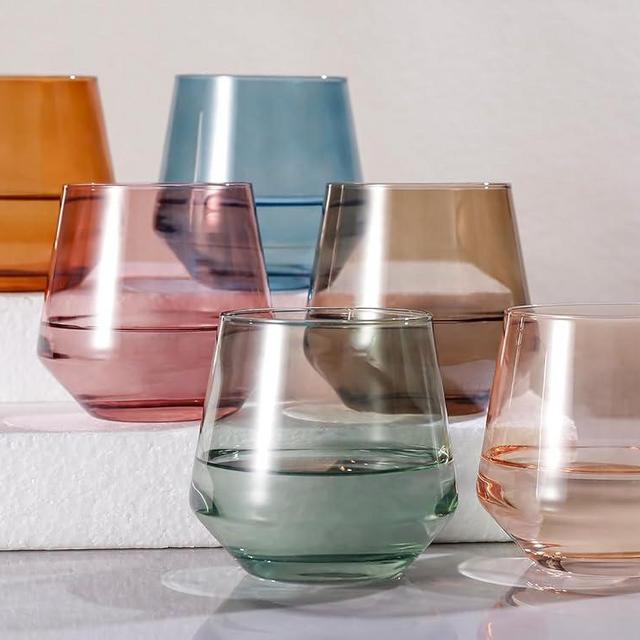 Colorsavant Stemless Wine Glasses Set 6【Colored Wine Glasses】 Multi Color Short Tumbler【14oz】 Colored Glassesware for Wine or Soft Drinks,Birthday Wine Gifts for Women