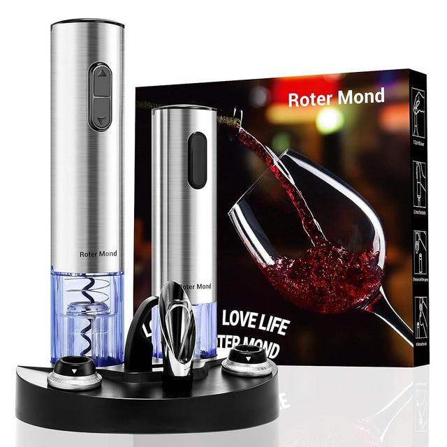 Electric Wine Opener Set, Roter Mond Automatic Wine Bottle Opener with Charging Base, 7-in-1 Wine Gift with Wine Aerator Pourer Electric Vacuum Pump with 2 Stoppers Wine Foil Cutter for Home Party