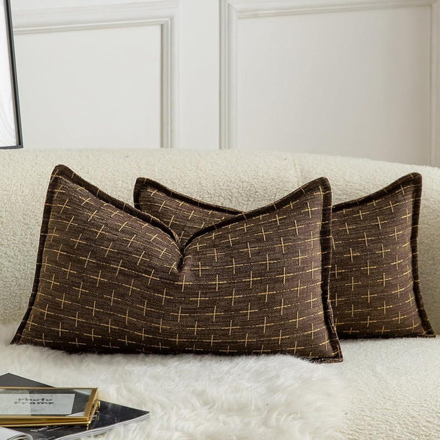 MANDIOO Pack of 2 Burlap Linen Throw Pillow Covers Woven Textured Modern Farmhouse Cushion Covers Pillowcase Decorative Couch Sofa Bed Living Room 12 x 20 Inch Deep Brown