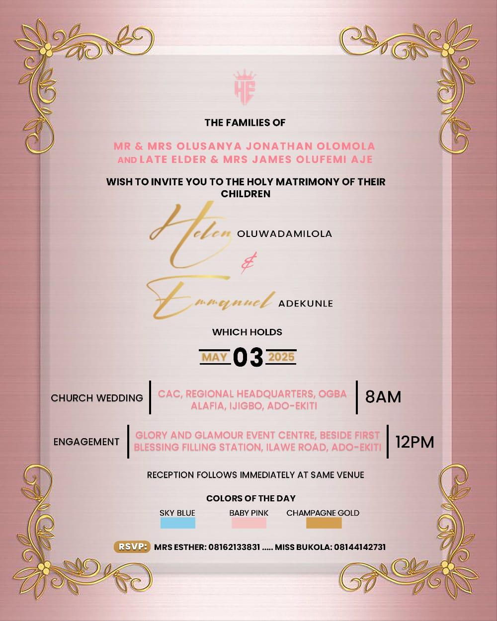 The Wedding Website of Emmanuel Adekunle and Helen Oluwadamilola