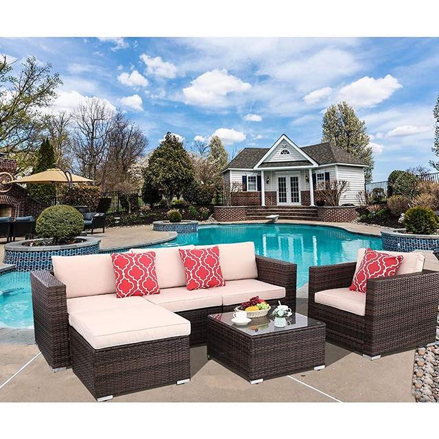 Polar Aurora 6pcs Patio Furniture Set PE Rattan Wicker Sectional Outdoor Sofa Set Outside Couch w/Beige Washable Seat Cushions & Modern Glass Coffee Table