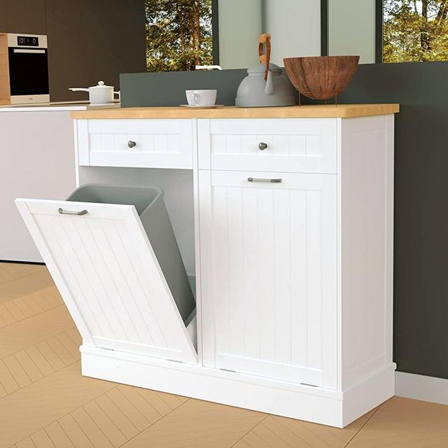 Double Tilt Out Trash Cabinet 10 Gallon Wooden Free Standing Laundry Sorter Cabinet,Recycling Cabinet with Hideaway Drawer,Tilt Out Trash Cabinet Can Bin Kitchen (Black)