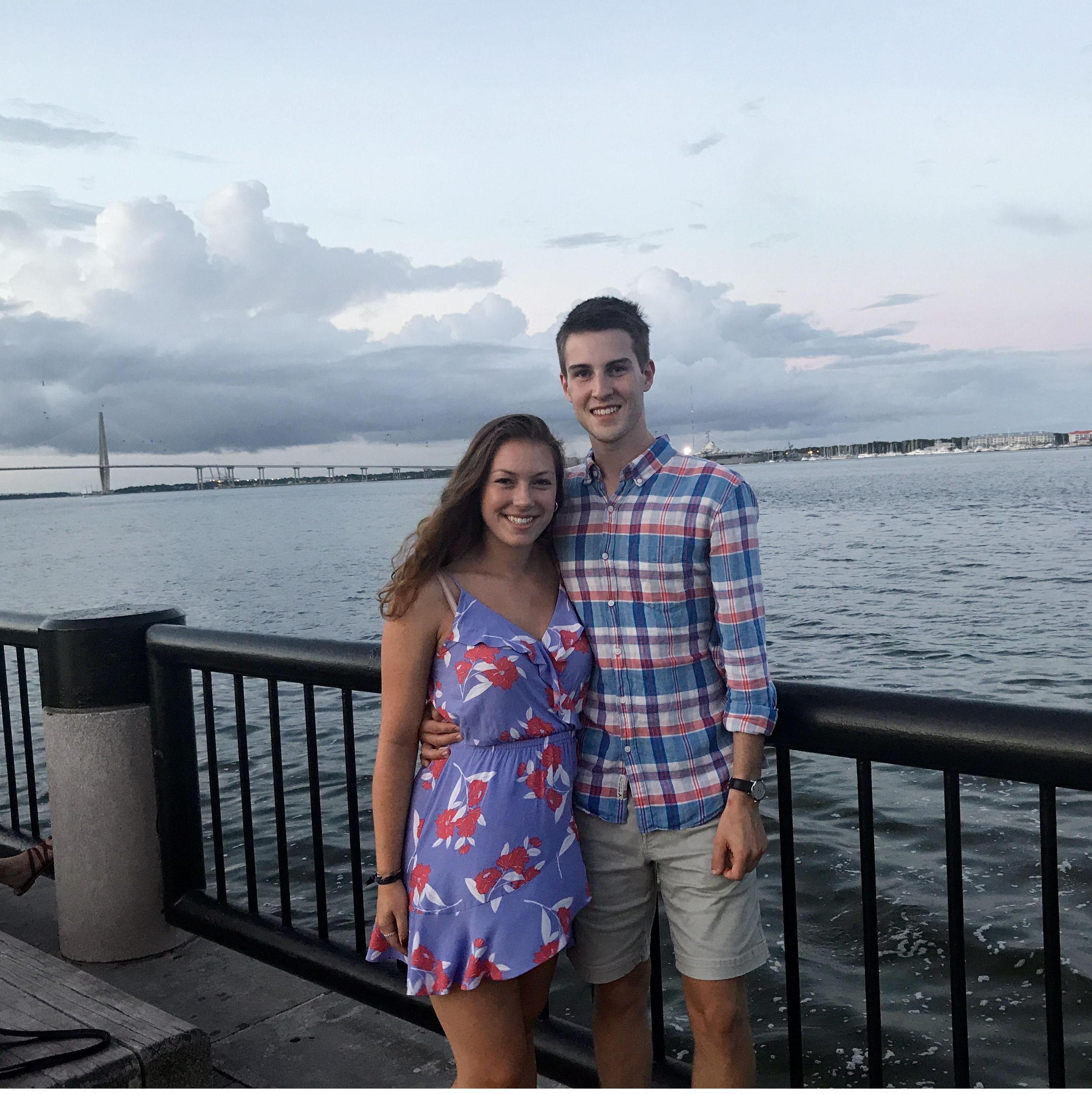 Our first trip to Charleston together, with the Charleston bridge behind us, August 2017