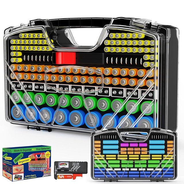 Battery Organizer Storage Holder Box Case with Tester, New Ultra-Large 285+Batteries Double-Sided Variety Pack, Holds AA AAA 4A C D Button Cell 9V 3V Lithium18650 CR2 CR123 CR1632 LR44 (Black)