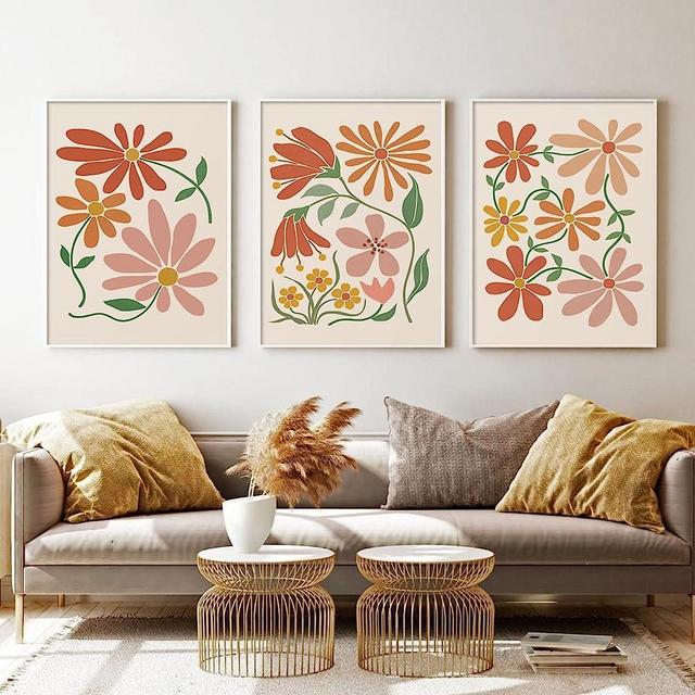 Set of 3 Floral Wall Art Boho Abstract Flowers Print Floral Gallery Wall Set for Living Room Decor Terracotta Art Print Boho Minimalist Floral Wall Art Orange Flower Market Poster 16x24inch No Frame