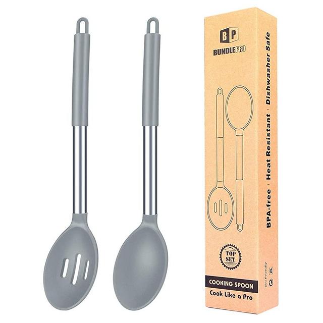 Pack of 2 Large Silicone Cooking Spoon,Non Stick Solid Basting Spoon,Heat-Resistant Kitchen Utensils for Mixing,Serving,Draining (Gray)