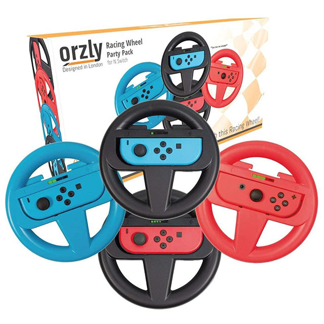 Orzly Nintendo Switch Steering Wheel, FOUR PACK, for Mario Kart 8 Deluxe Nintendo Switch, Mariokart Switch Steering Wheel (Joycon Controller Attachments) (2x Black Wheels, 1x Blue Wheel, 1x Red Wheel)