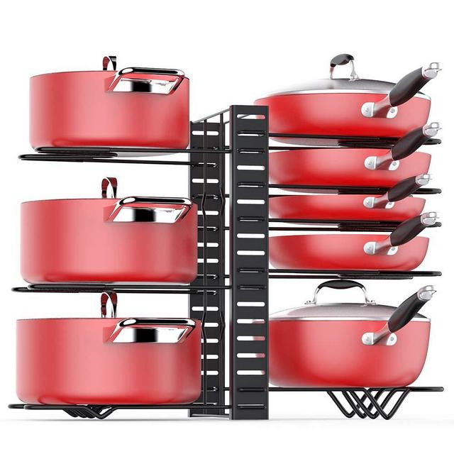 Pan Organizer Rack for Cabinet with 3 DIY Methods, Adjustable Pots Pans Organizer with 8 Metal Shelves, Large & Small Pan Pot Organizer Rack for Cabinet Kitchen [Upgrade Version]