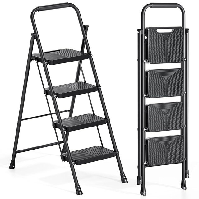 Urackify 4 Step Ladder, Portable Folding Ladder for Multi-Purpose, Home, Kitchen, Heavy Sturdy Steel Step Stool with Handrail, Anti-Slip Wide Pedals, Safe-Lock Design, Pass 500lbs Load Testing, Black
