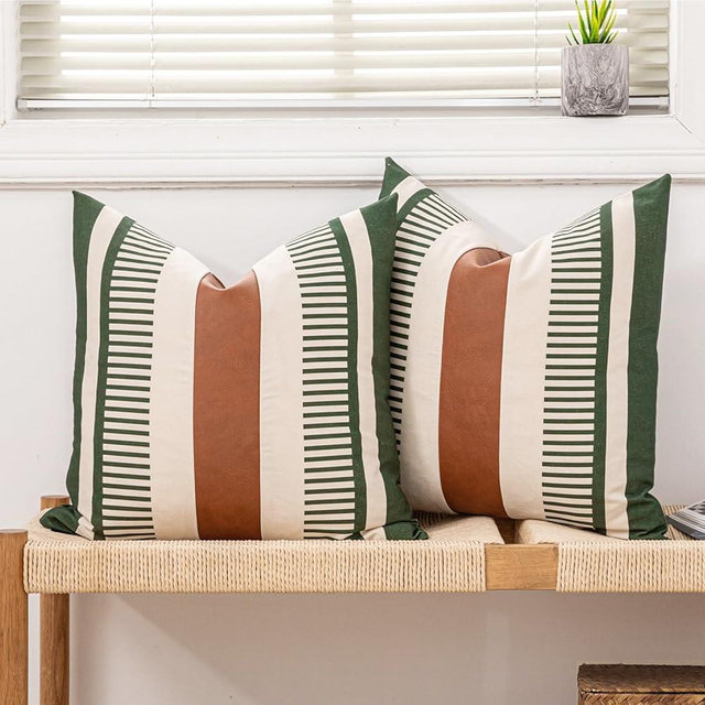 Vfuty Decorative Farmhouse Throw Pillow Covers 18x18 Accent Faux Leather Pillowcase Rustic Boho Decor,Olive Green and Beige (Cover ONLY, Pack of 2)