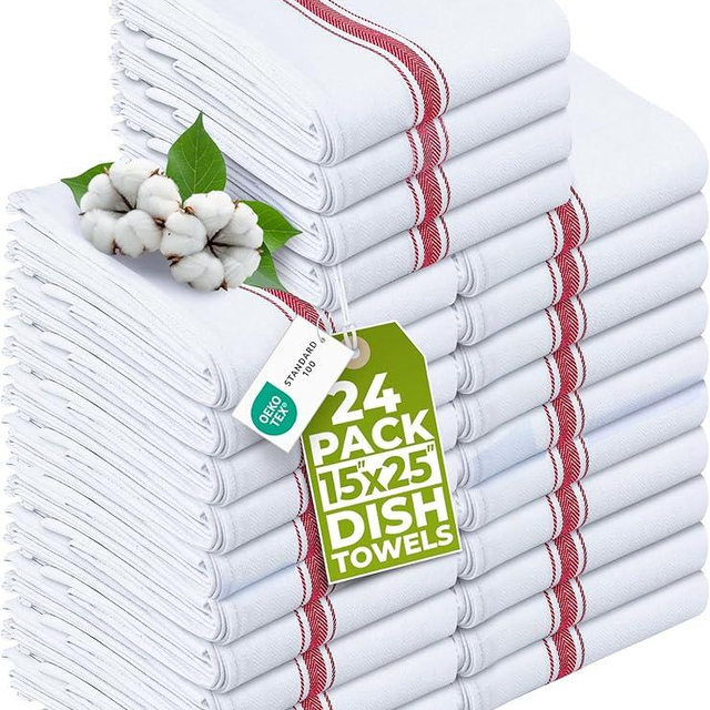 Utopia Towels Red Dish Towels [24 Pack - 15 x 25 Inches] 100% Ring Spun Cotton Highly Absorbent & Reusable Cleaning Bar, Tea, Kitchen and Dishcloths Set - 200 GSM