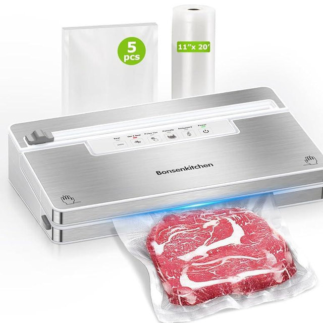 Bonsenkitchen Vacuum Sealer Machine, Stainless Steel Food Sealer Vacuum Sealers with 1 Roll & 5 Bags, 5 Food Vacuum Modes, Built-in Cutter & Bag Storage (White Silver)