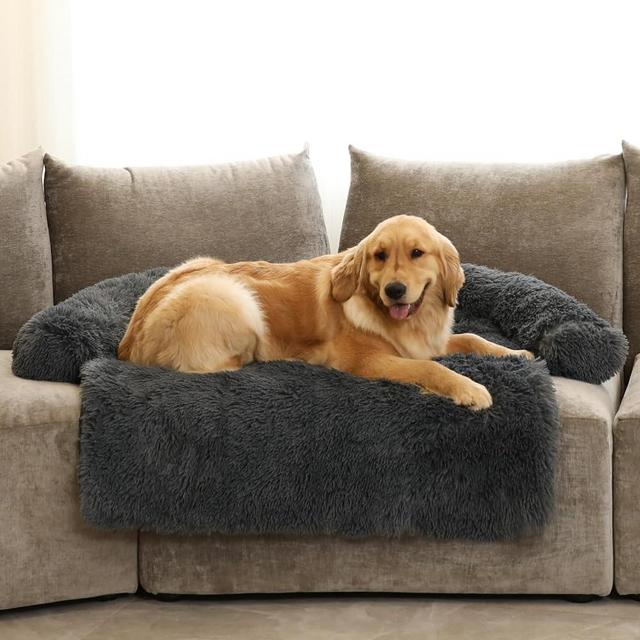 Calming Dog Bed Fluffy Plush Dog Mat for Furniture Protector with Removable Washable Cover for Large Medium Small Dogs and Cats (Extra Large(53x39.3x6), Dark Grey)