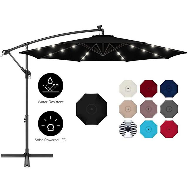 Best Choice Products 10ft Solar LED Offset Hanging Market Patio Umbrella for Backyard, Poolside, Lawn and Garden w/Easy Tilt Adjustment, Polyester Shade, 8 Ribs - Black