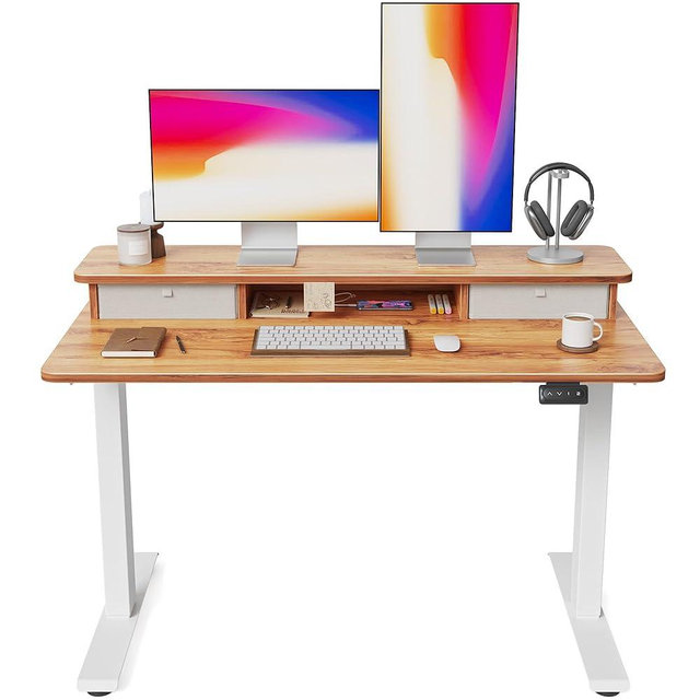 FEZIBO 48 x 24 Inch Height Adjustable Electric Standing Desk with Double Drawer, Stand Up Desk with Storage Shelf, Sit Stand Desk, Light Wood