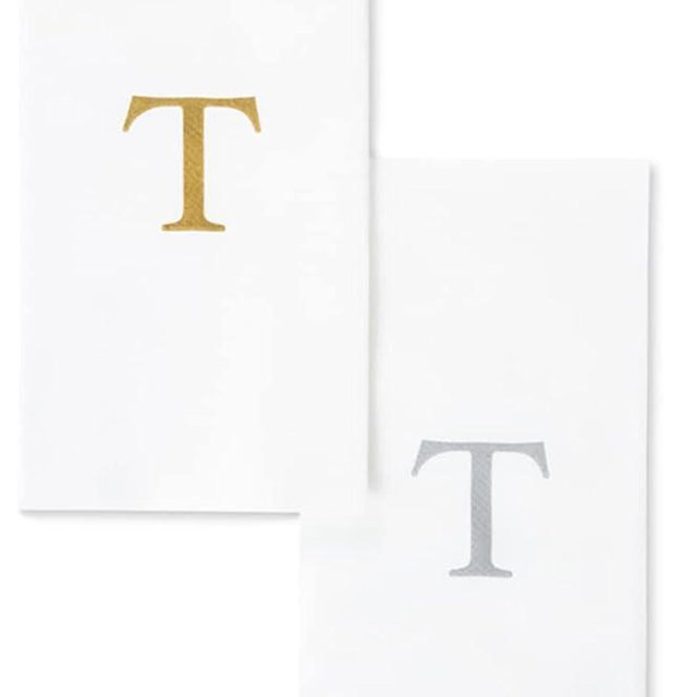AMERICAN HOMESTEAD Disposable Hand Towels - Silver Monogrammed Guest Napkins - Linen-Like Bathroom Paper Towels for Guests - Perfect Wedding and Party Napkins - 25 Count (Silver T)